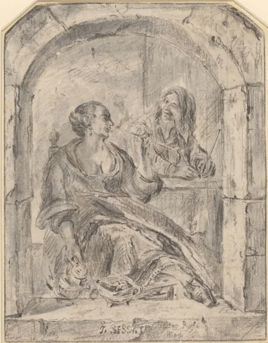 Pijprokende vrouw en een man met twee pijpen by anonymous, drawing, 1635-1729
