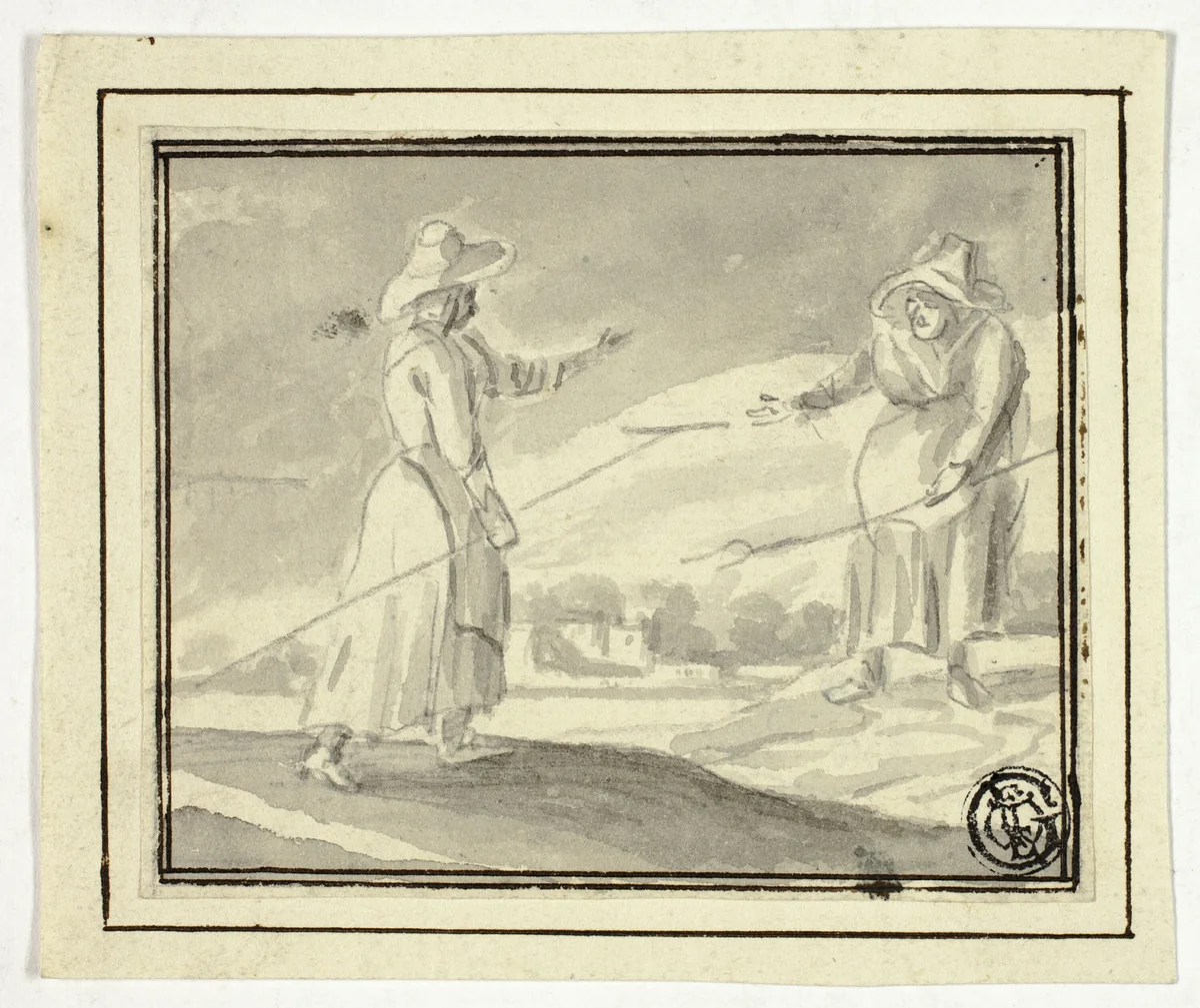 Two Peasant Women Greeting Each Other in a Field by Unknown Artist, drawing, 1700-1799