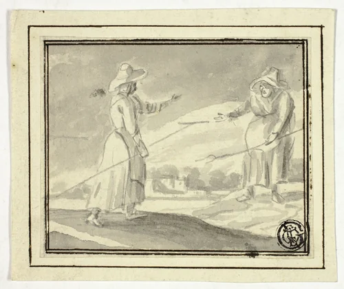 Two Peasant Women Greeting Each Other in a Field by Unknown Artist, drawing, 1700-1799