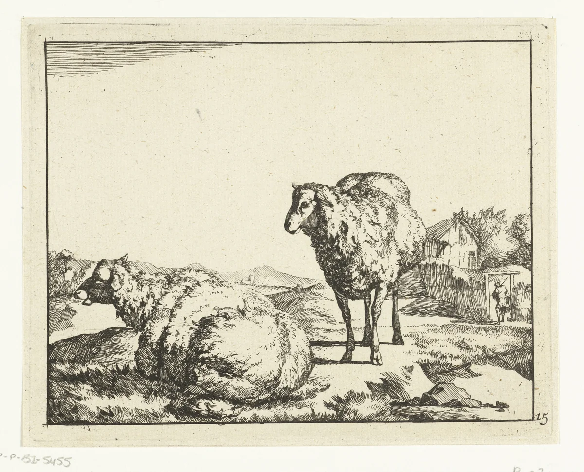 Staand en liggend schaap met boerderij op achtergrond by Marcus de Bye, print, 1664