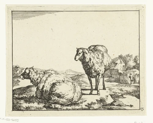 Staand en liggend schaap met boerderij op achtergrond by Marcus de Bye, print, 1664