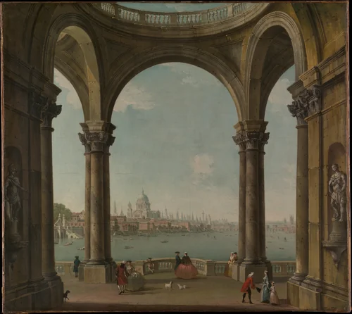 Capriccio with St. Paul's and Old London Bridge by Antonio Joli, painting, 1740-1750