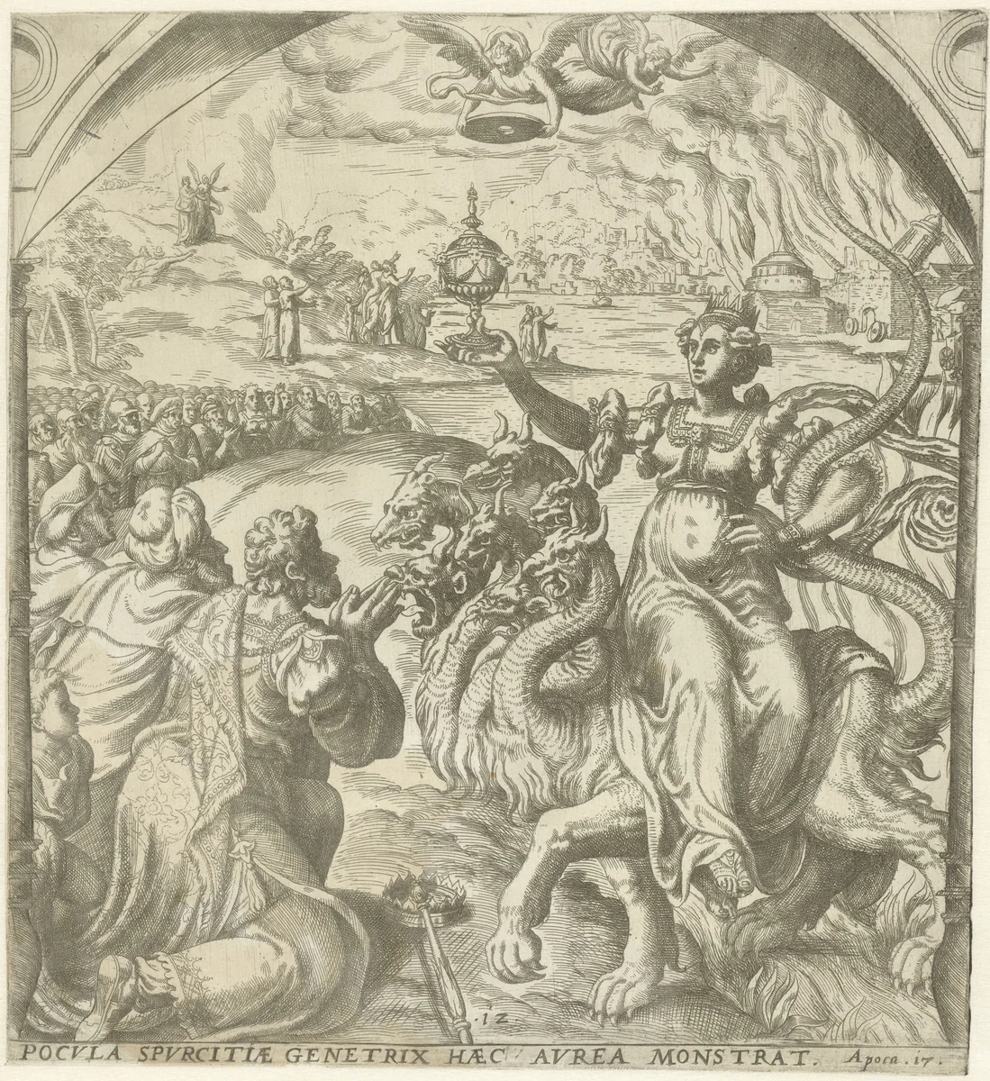 Hoer van Babylon en de vernietiging van Babylon by Gerard van Groeningen, print, 1563-1574
