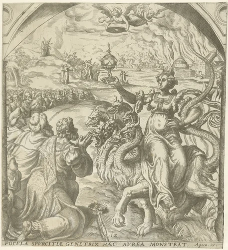 Hoer van Babylon en de vernietiging van Babylon by Gerard van Groeningen, print, 1563-1574