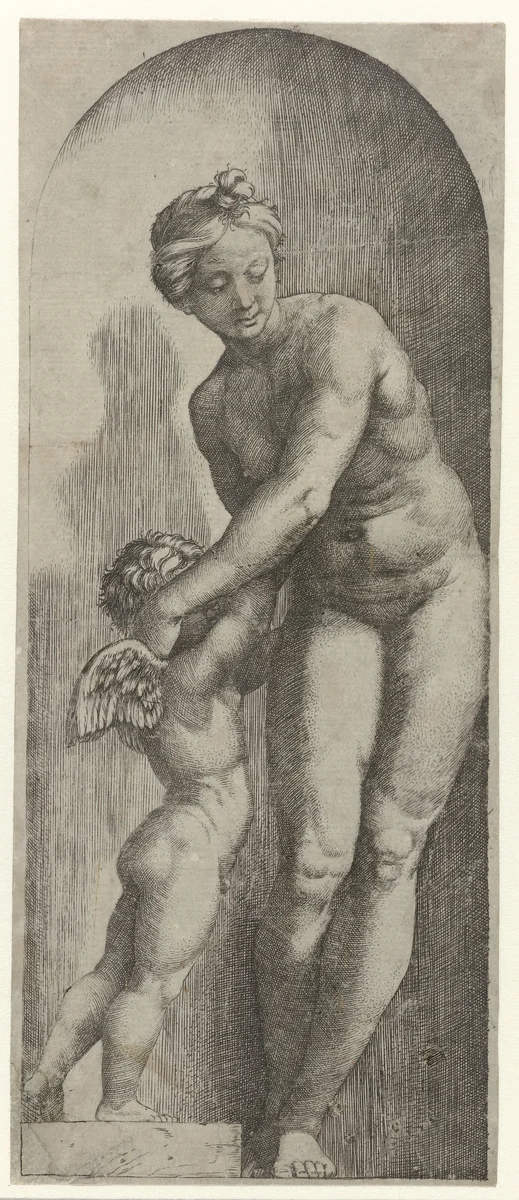 Venus en Amor staand in nis by Marcantonio Raimondi, print, 1510-1527