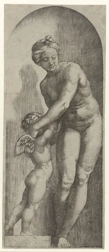 Venus en Amor staand in nis by Marcantonio Raimondi, print, 1510-1527