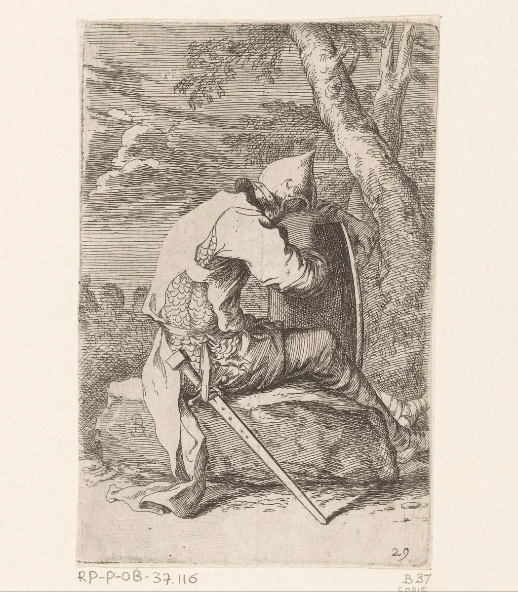 Zittende soldaat by anonymous, print, 1656