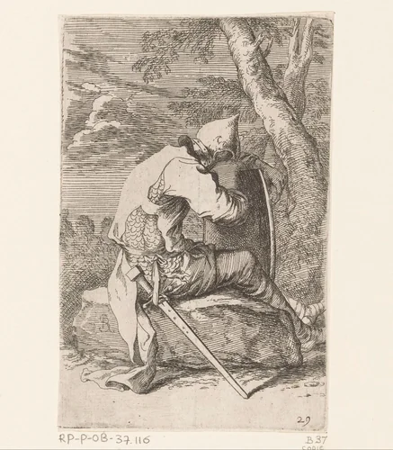 Zittende soldaat by anonymous, print, 1656