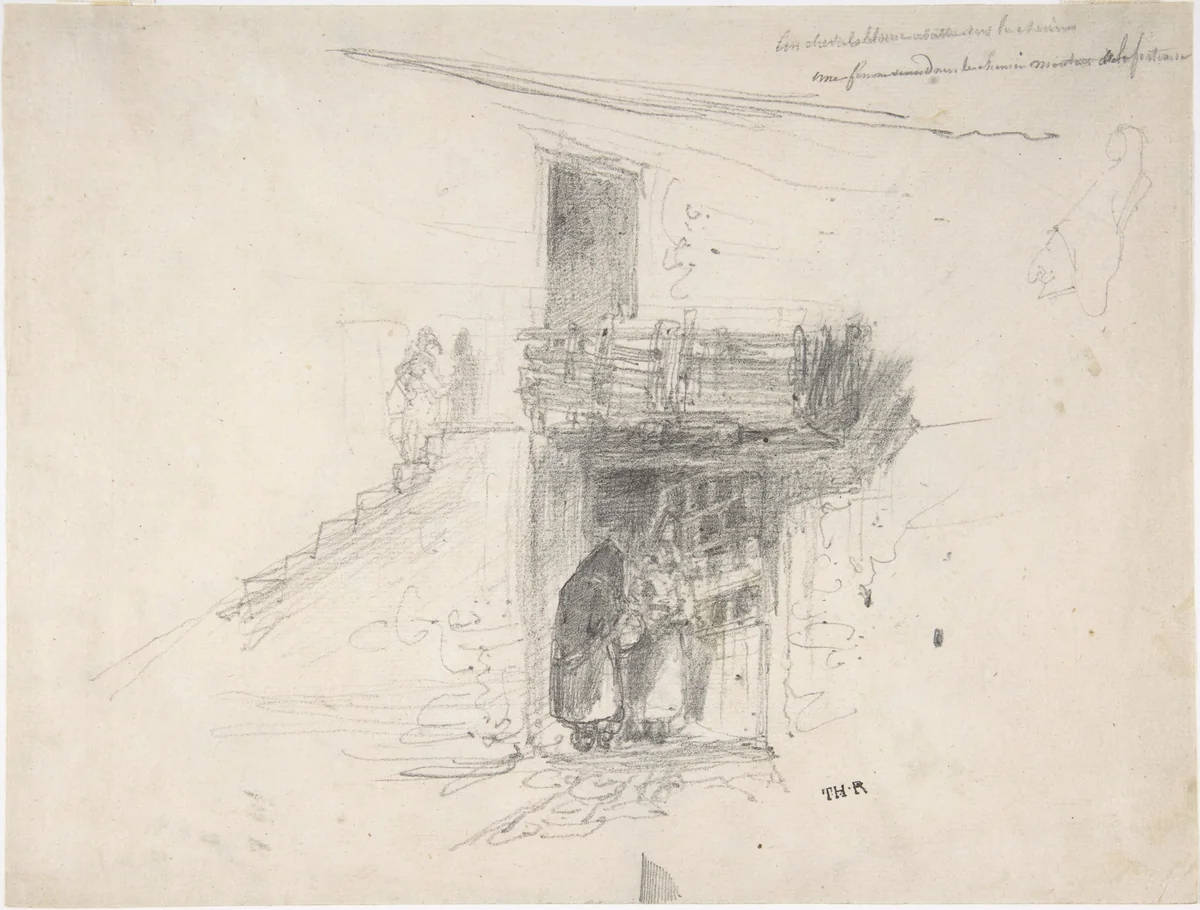 Two Women Talking in a Doorway by Théodore Rousseau, drawing, 1830-1831