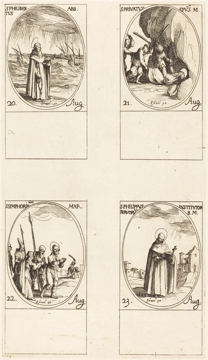 St. Philibert, Abbot; St. Privatus; St. Symphorian; St. Philip by Jacques Callot, print, 1627-1637