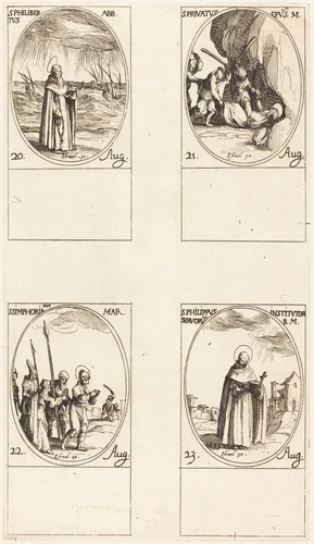 St. Philibert, Abbot; St. Privatus; St. Symphorian; St. Philip by Jacques Callot, print, 1627-1637