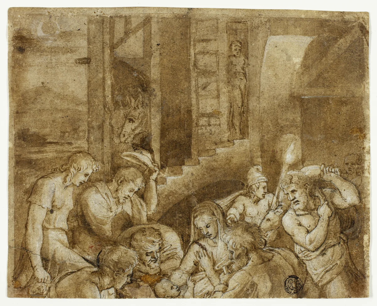 Adoration of the Shepherds: Upper Half by Giulio Romano, drawing, 1501-1600