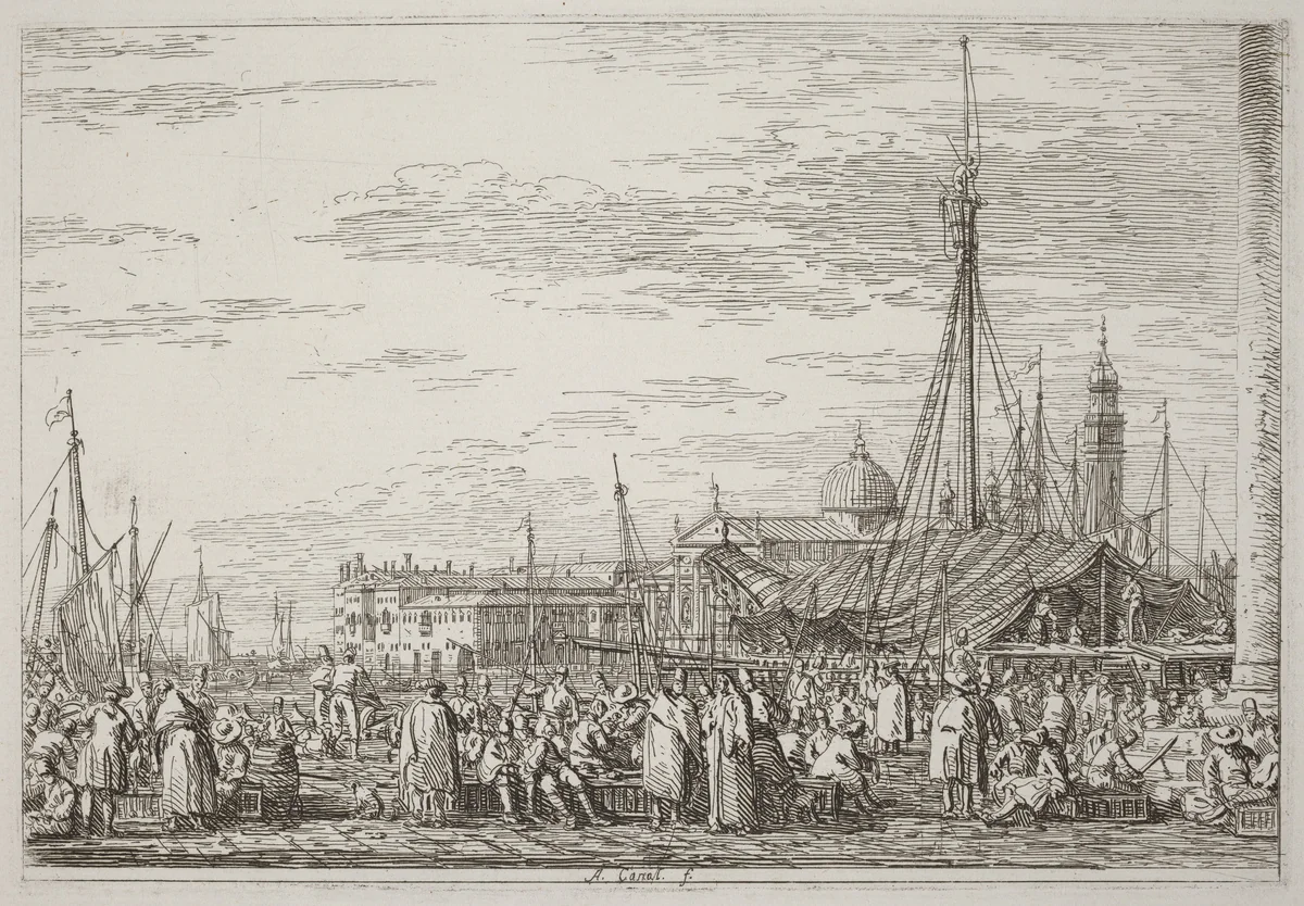 The Market on the Molo [upper left] by Canaletto, print, 1735-1746