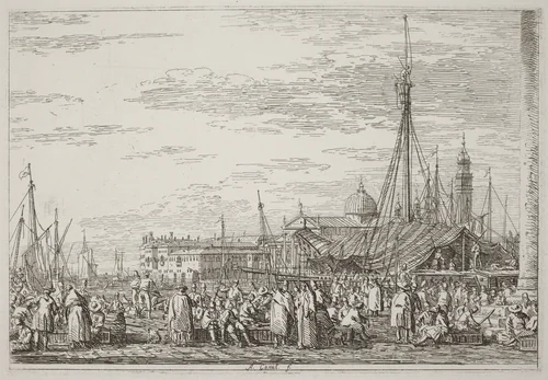 The Market on the Molo [upper left] by Canaletto, print, 1735-1746