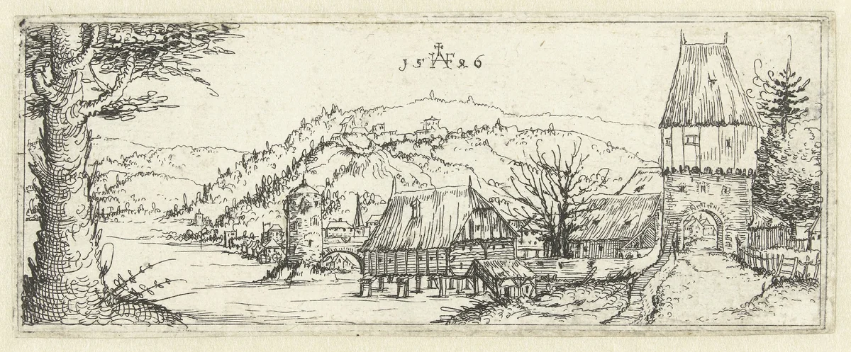 Rivierlandschap met een stad op de oever by Unknown, print, 1546