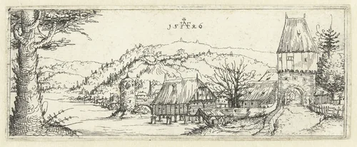 Rivierlandschap met een stad op de oever by Unknown, print, 1546