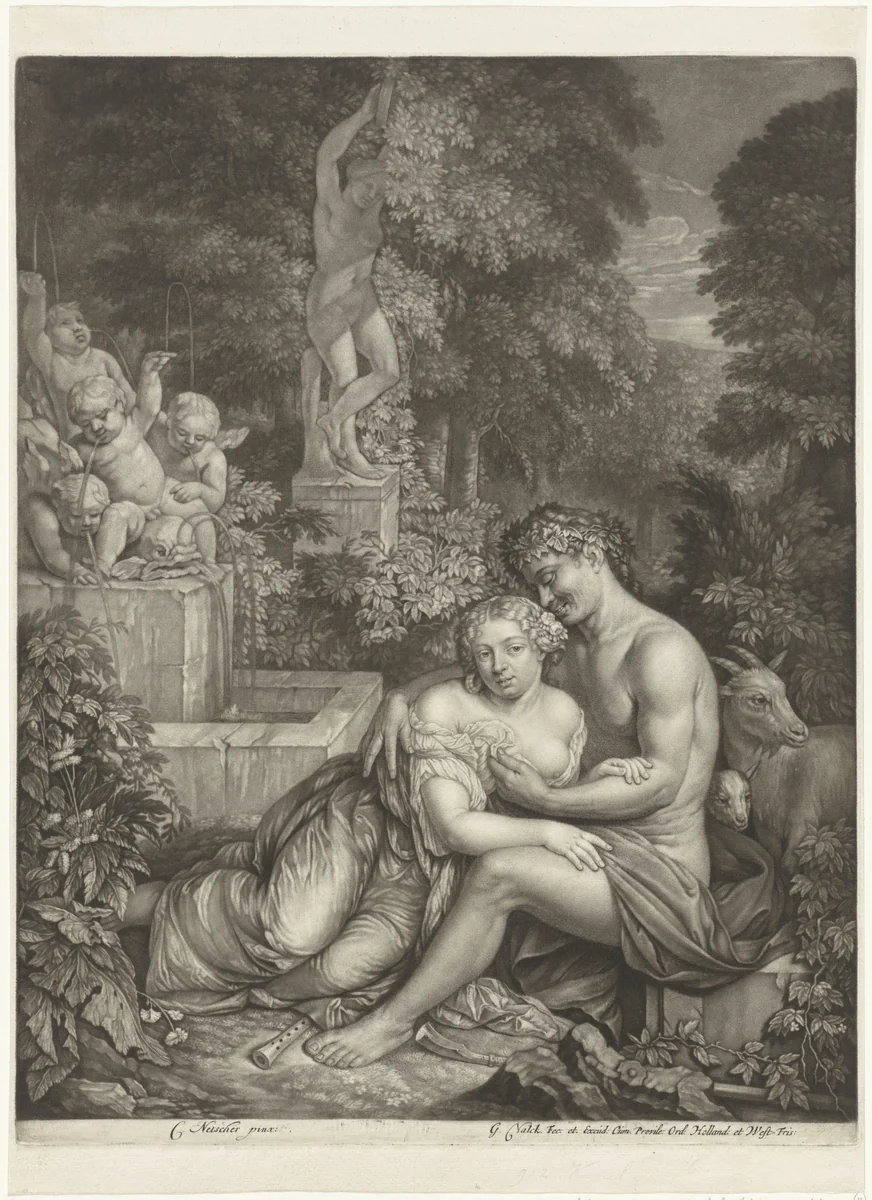Vertumnus en Pomona by Jan Verkolje, print, 1681-1726