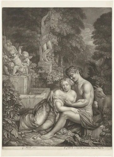 Vertumnus en Pomona by Jan Verkolje, print, 1681-1726