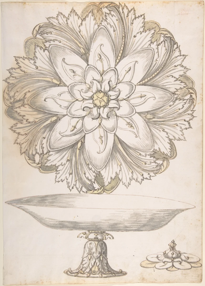 Design for Single Footed Dish with Cover Shaped like Flower and Foliage by Erasmus Hornick, drawing, 1500-1583