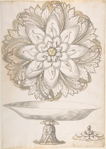 Design for Single Footed Dish with Cover Shaped like Flower and Foliage by Erasmus Hornick, drawing, 1500-1583