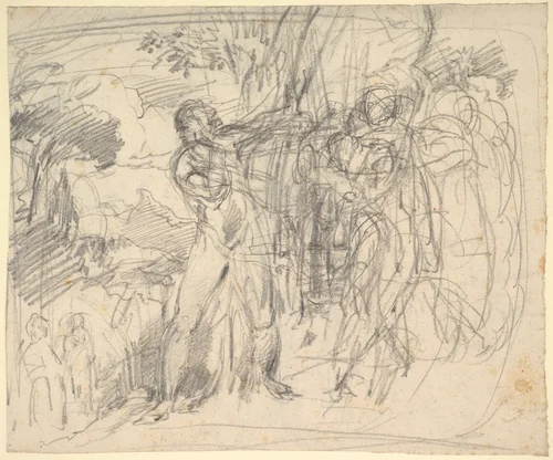 Compositional Study for "Comus–The Measure" (recto); Studies of a Man's Right Leg, after Titian, and a Profile, for "Comus–The Measure" (verso) by George Richmond, drawing, 1864