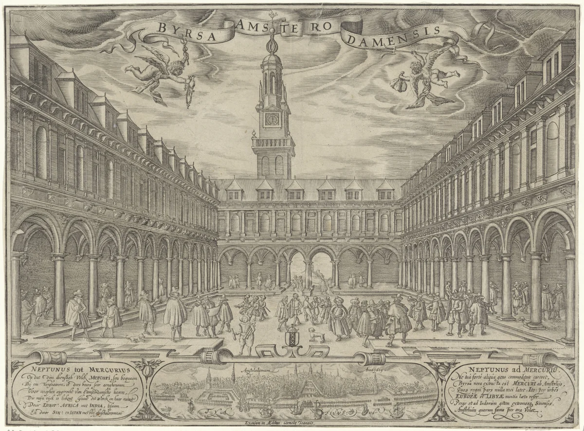 Gezicht op de binnenplaats van de Beurs van Hendrik de Keyser te Amsterdam by anonymous, print, 1611-1668