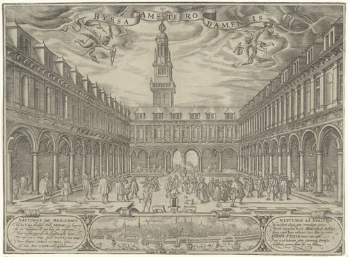 Gezicht op de binnenplaats van de Beurs van Hendrik de Keyser te Amsterdam by anonymous, print, 1611-1668