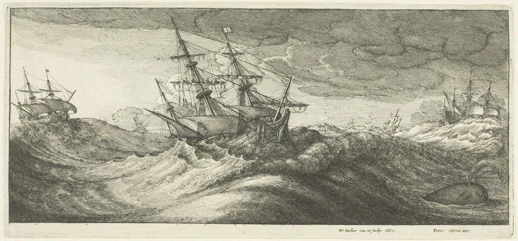Warships and a Spouting Whale by Wenceslaus Hollar, print, 1665