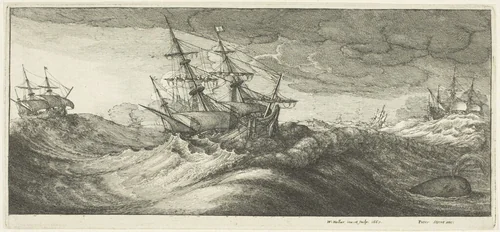 Warships and a Spouting Whale by Wenceslaus Hollar, print, 1665