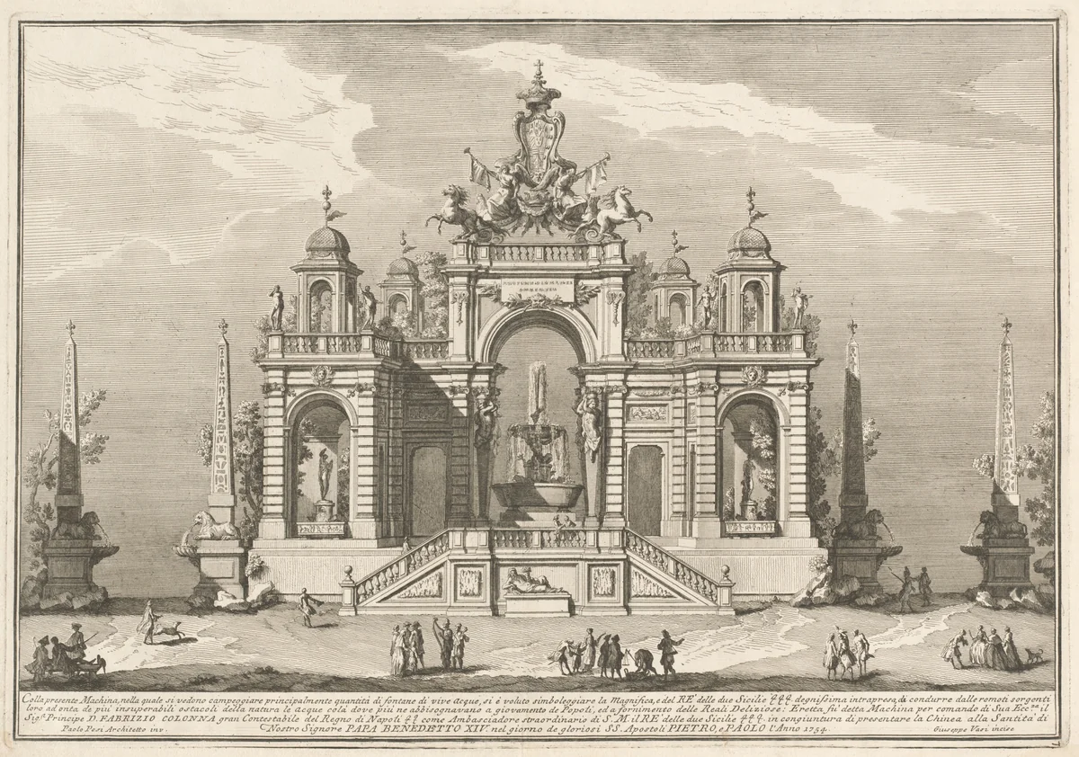 The Seconda Macchina for the Chinea of 1754: An Allegory of Waterworks by Giuseppe Vasi, print, 1754