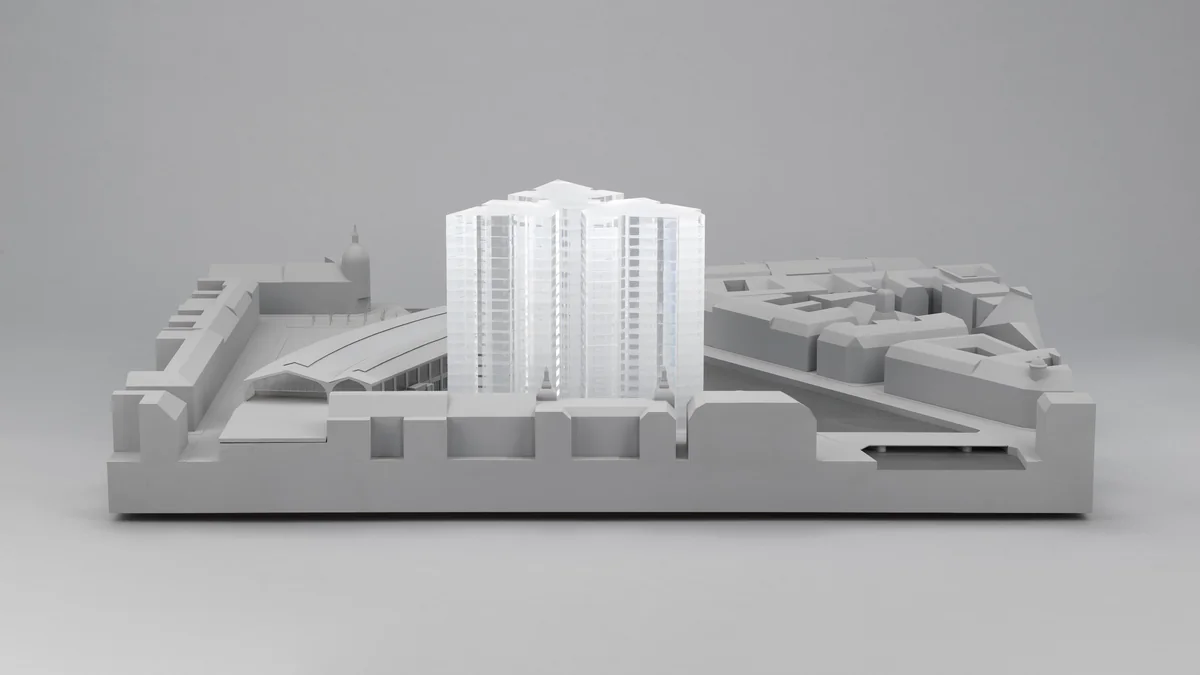Friedrichstrasse Skyscraper project, Berlin-Mitte, Germany (Urban context model, scale 1:250) by Ludwig Mies van der Rohe, architecture, 1921