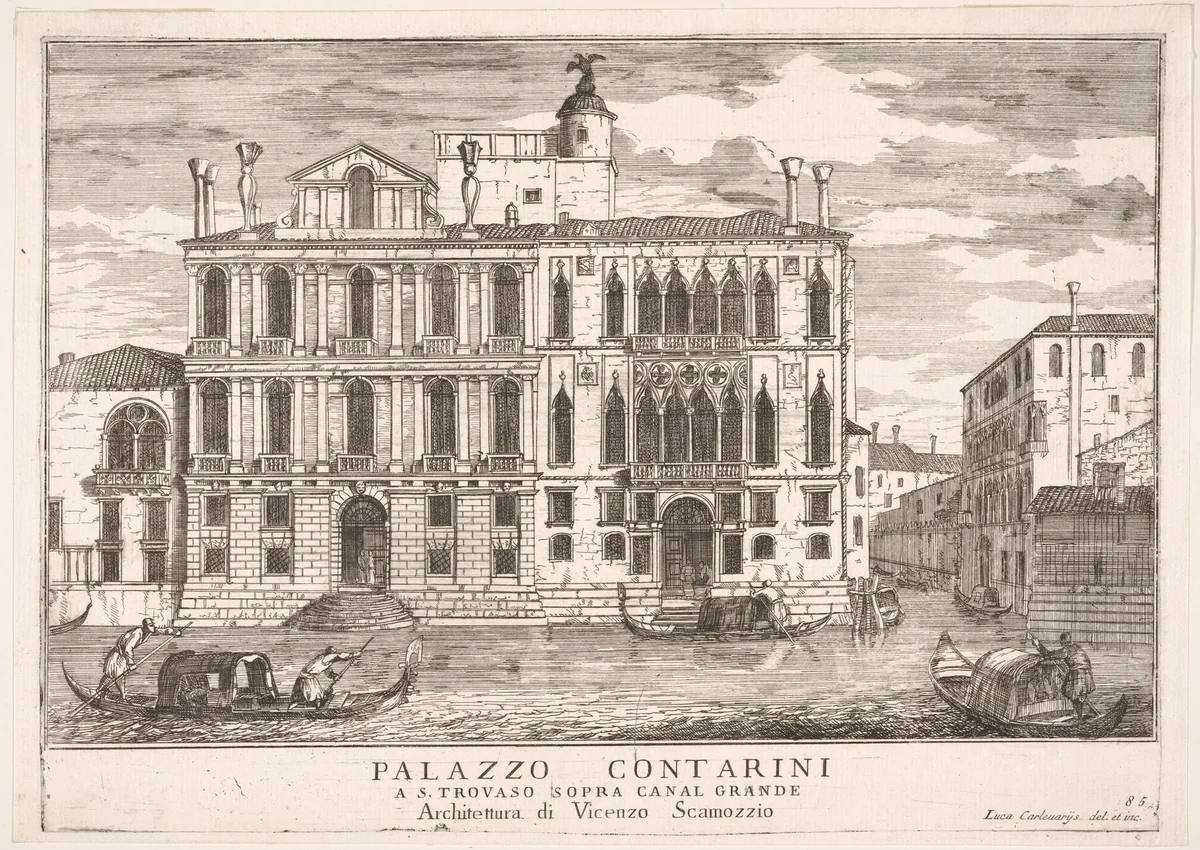 Plate 85: View of the Contarini Palace in Campo San Trovaso, Venice, 1703, from "The buildings and views of Venice" (Le fabriche e vedute di Venezia) by Luca Carlevaris, print, 1703
