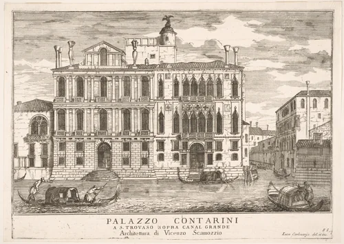 Plate 85: View of the Contarini Palace in Campo San Trovaso, Venice, 1703, from "The buildings and views of Venice" (Le fabriche e vedute di Venezia) by Luca Carlevaris, print, 1703