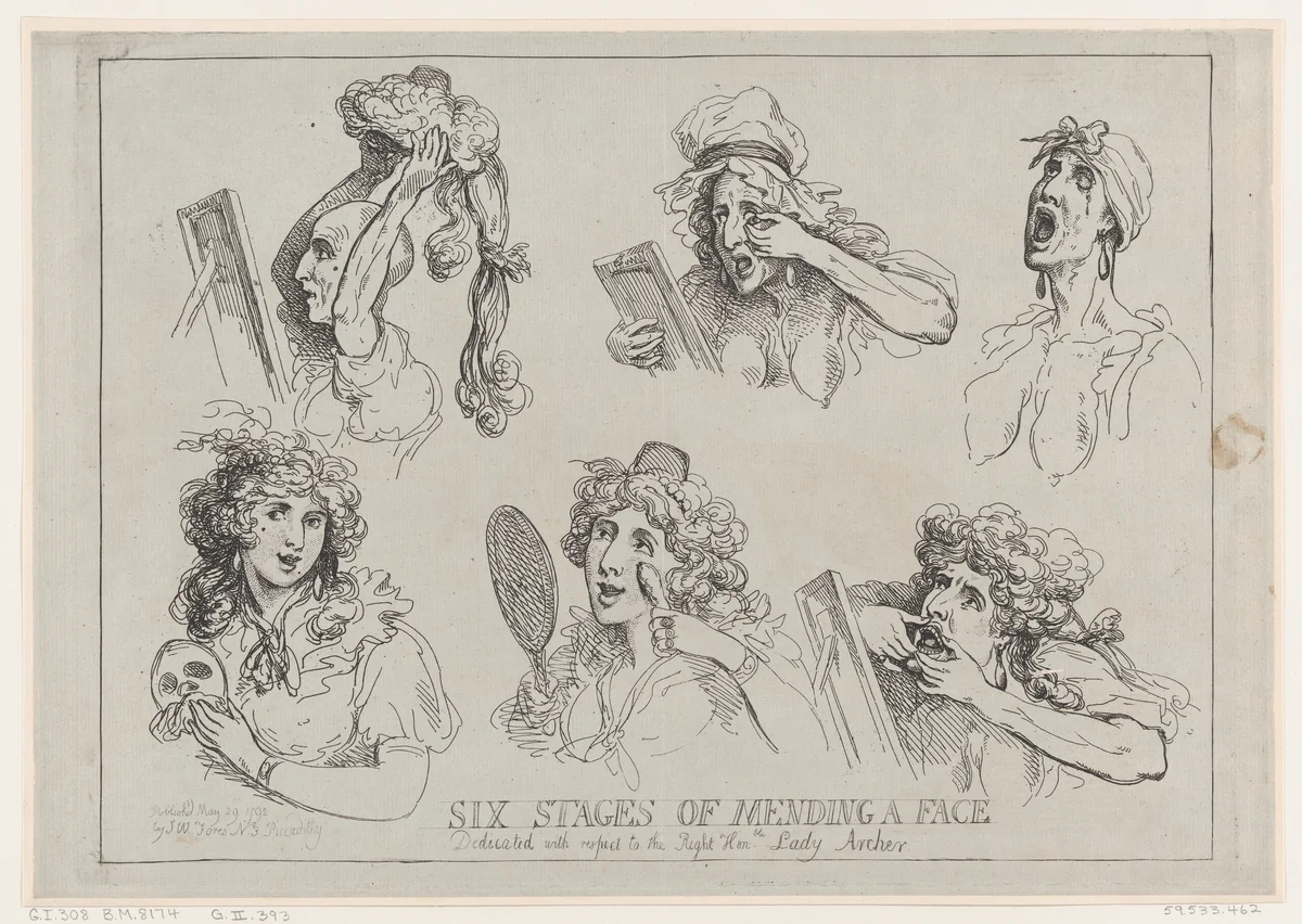 Six Stages of Mending a Face, Dedicated with respect to the Right Hon-ble. Lady Archer by Thomas Rowlandson, print, 1792