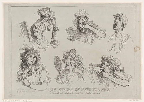 Six Stages of Mending a Face, Dedicated with respect to the Right Hon-ble. Lady Archer by Thomas Rowlandson, print, 1792