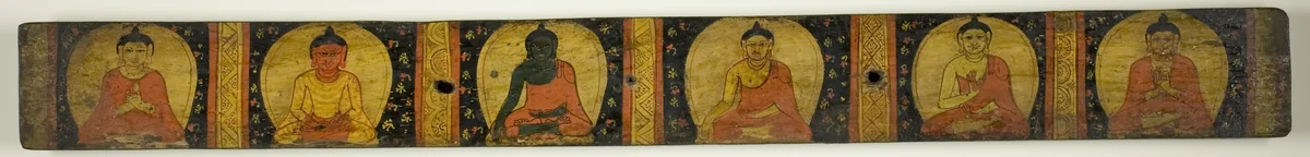 Manuscript Cover with Six Seated Buddhas with Various Hand Gestures (Mudras) by Nepal, manuscript, 1101-1200