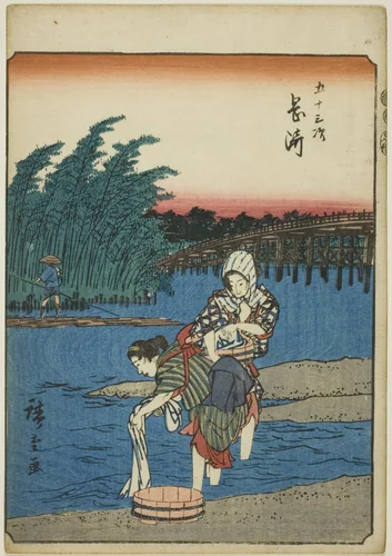 Okazaki, from the series "Fifty-three Stations [of the Tokaido] (Gojusan tsugi)," also known as the Figure Tokaido (Jinbutsu Tokaido) by Utagawa Hiroshige (歌川広重), print, 1852
