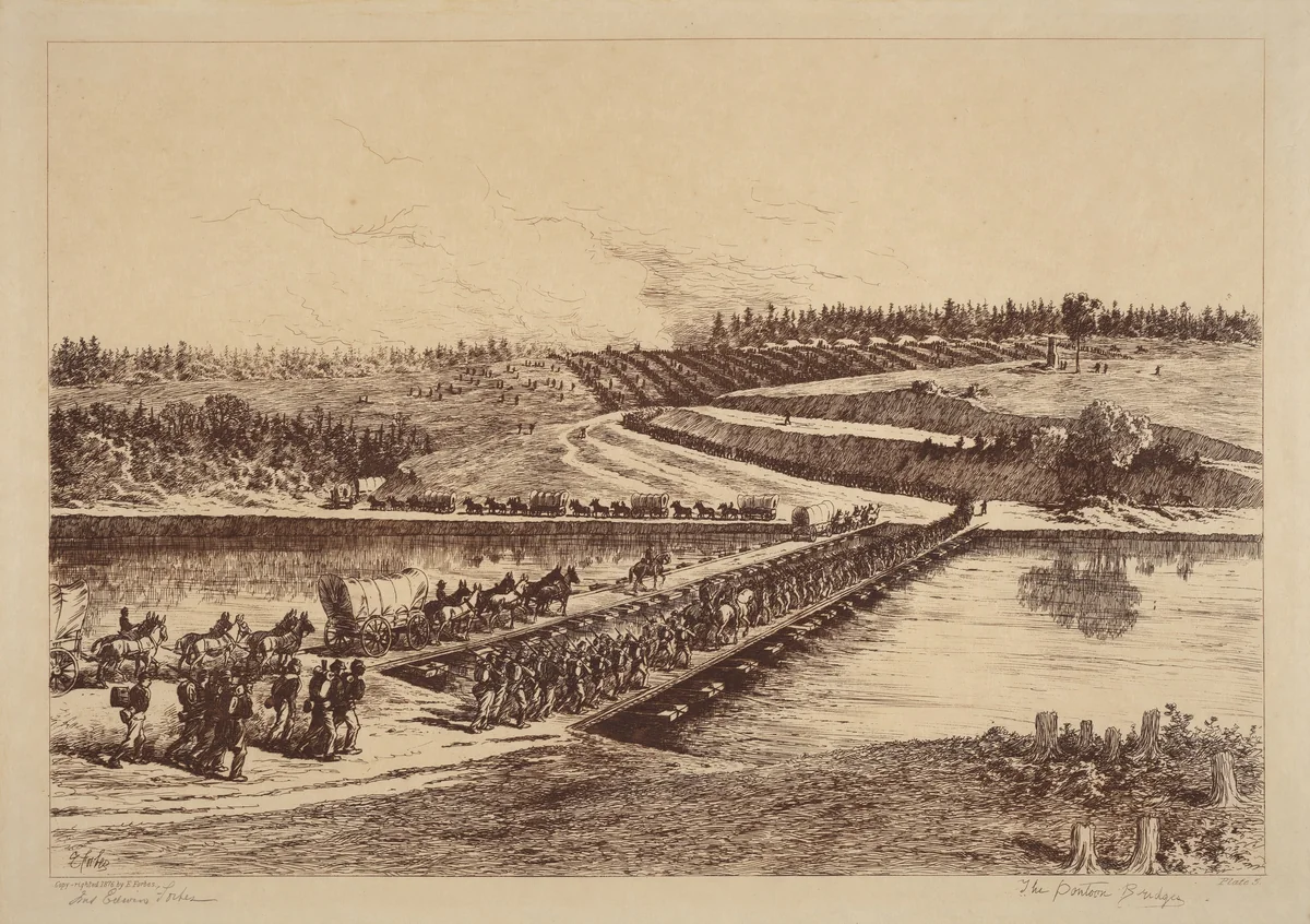 The Pontoon Bridges by Edwin Forbes, print, 1876