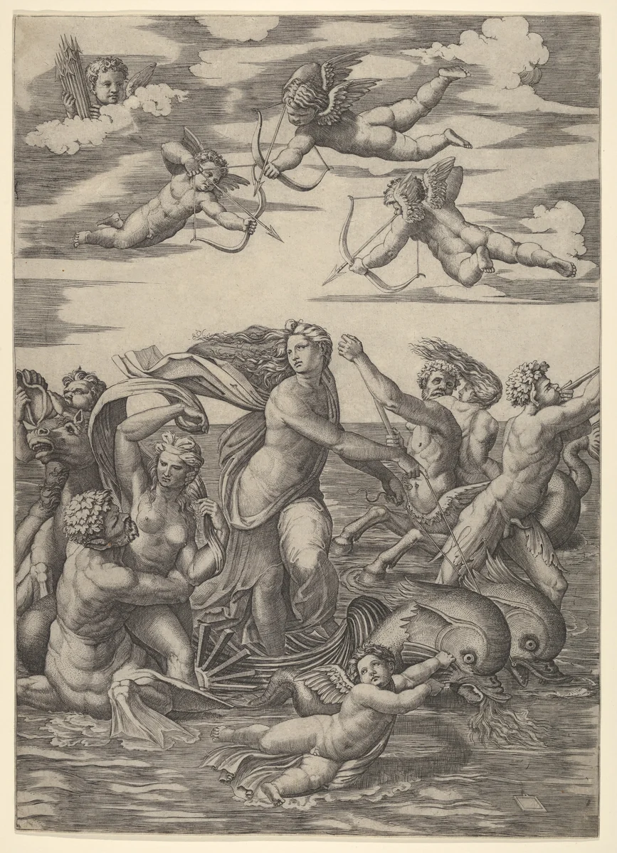 Galatea standing in a water-chariot pulled by two dolphins, surrounded by tritons, nereids, and putti, three of which prepare to shoot arrows from above by Marcantonio Raimondi, print, 1515-1516
