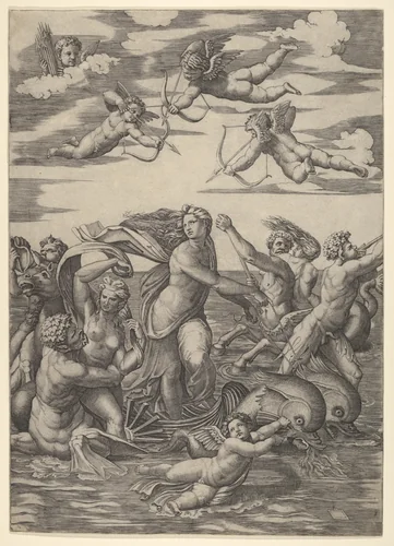 Galatea standing in a water-chariot pulled by two dolphins, surrounded by tritons, nereids, and putti, three of which prepare to shoot arrows from above by Marcantonio Raimondi, print, 1515-1516