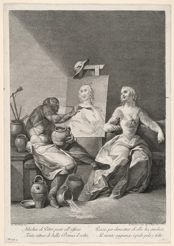 Harlequin as a Painter by Francesco Bartolozzi, print, 1760