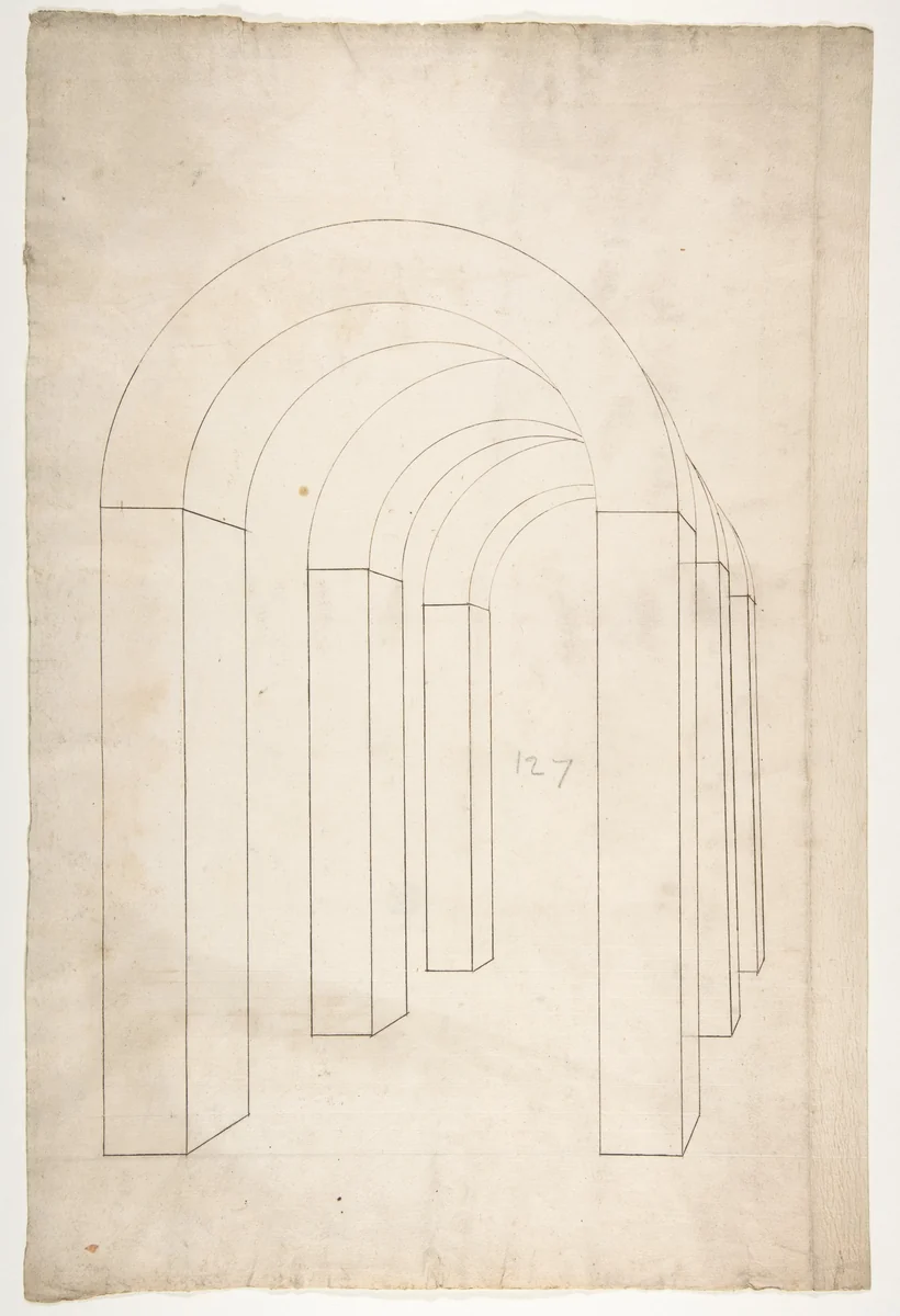 Perspective study of an Arched Colonnade by anonymous, drawing, 1500-1599