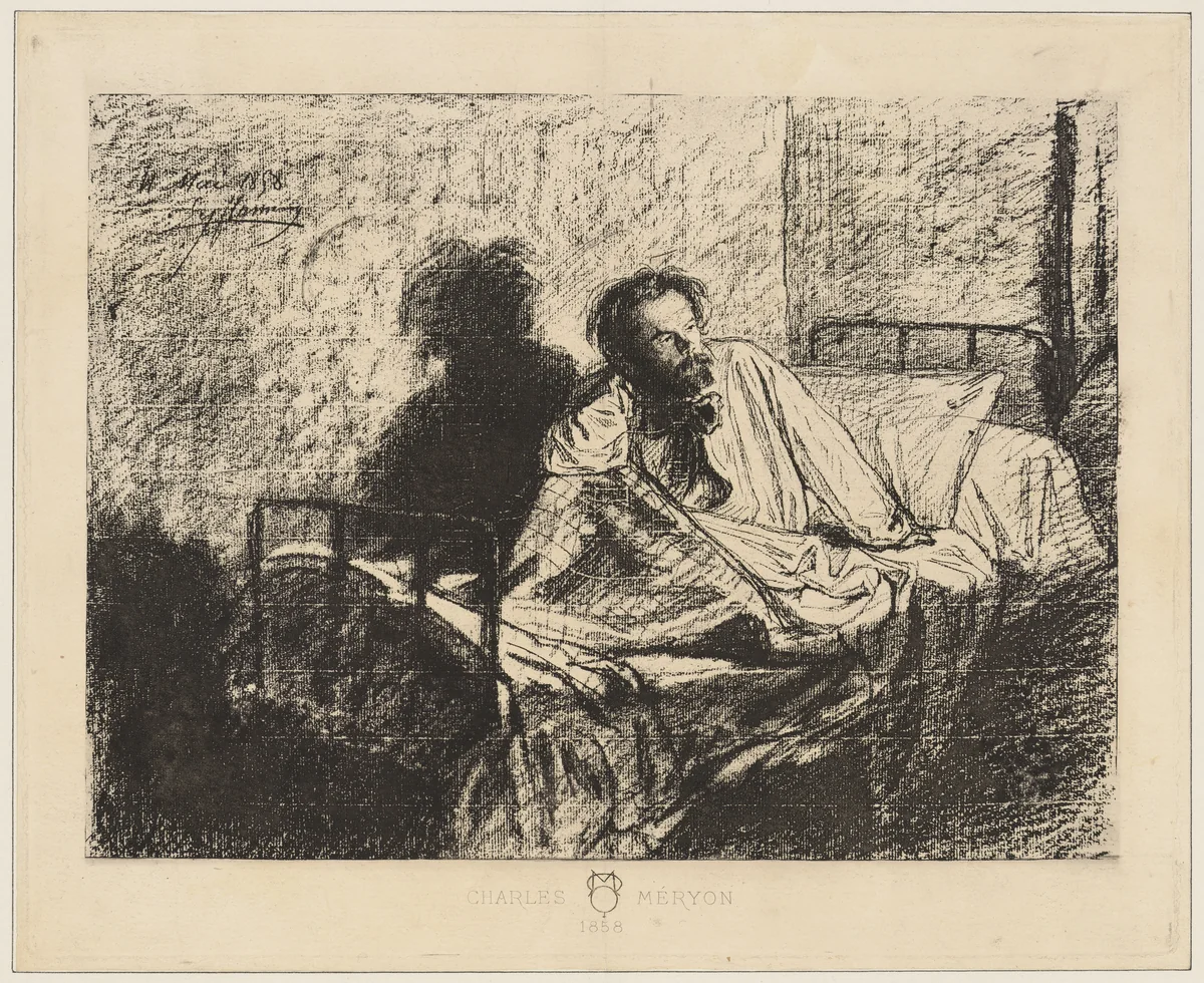 Portrait of Meryon Sitting up in Bed by Léopold Flameng, print, 1853-1863