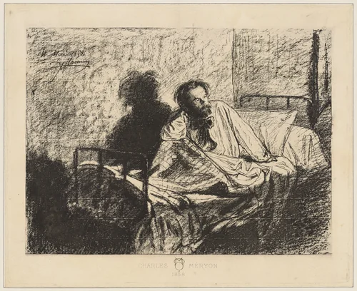 Portrait of Meryon Sitting up in Bed by Léopold Flameng, print, 1853-1863