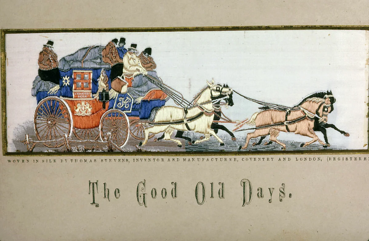"The Good Old Days" (Royal Mail Coach)" by Thomas Stevens, textile, 1874-1884