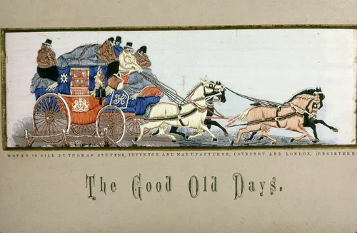 "The Good Old Days" (Royal Mail Coach)" by Thomas Stevens, textile, 1874-1884