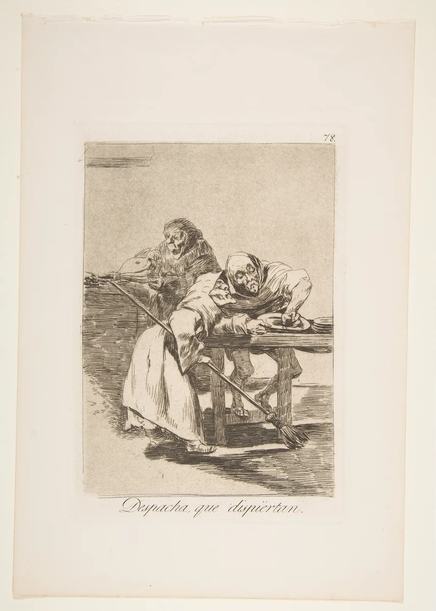 Plate 78 from "Los Caprichos": Be quick, they are waking up (Despacha, que dispiertan) by Goya, print, 1881-1886