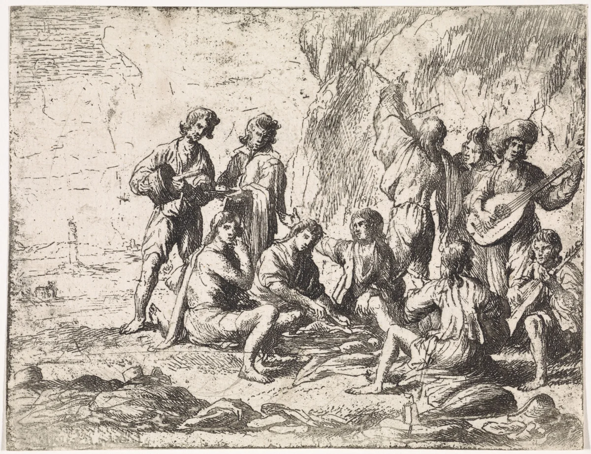 Picknick in de bergen by Cornelis de Wael, print, 1630-1648