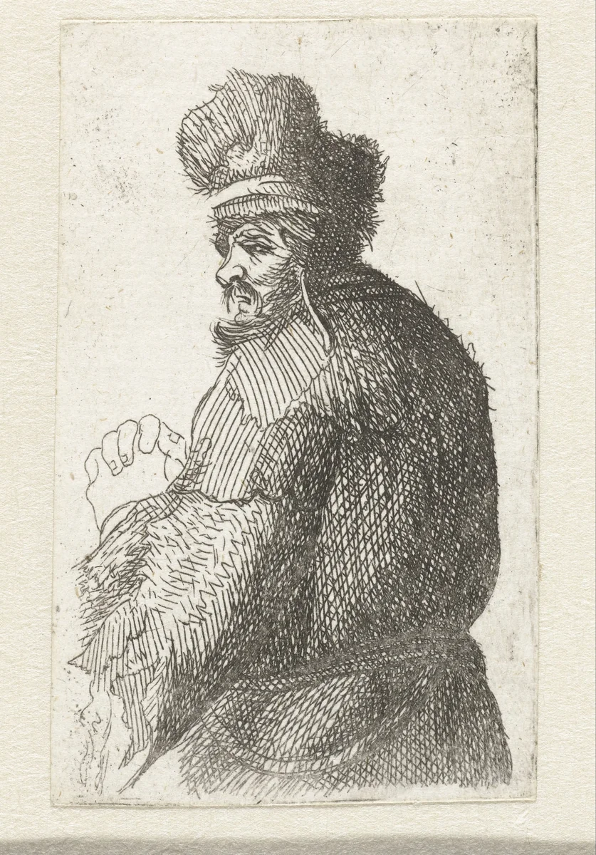 Old man seen from behind, profile right: half figure by anonymous, print, 1630