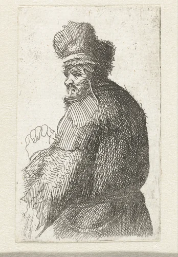 Old man seen from behind, profile right: half figure by anonymous, print, 1630